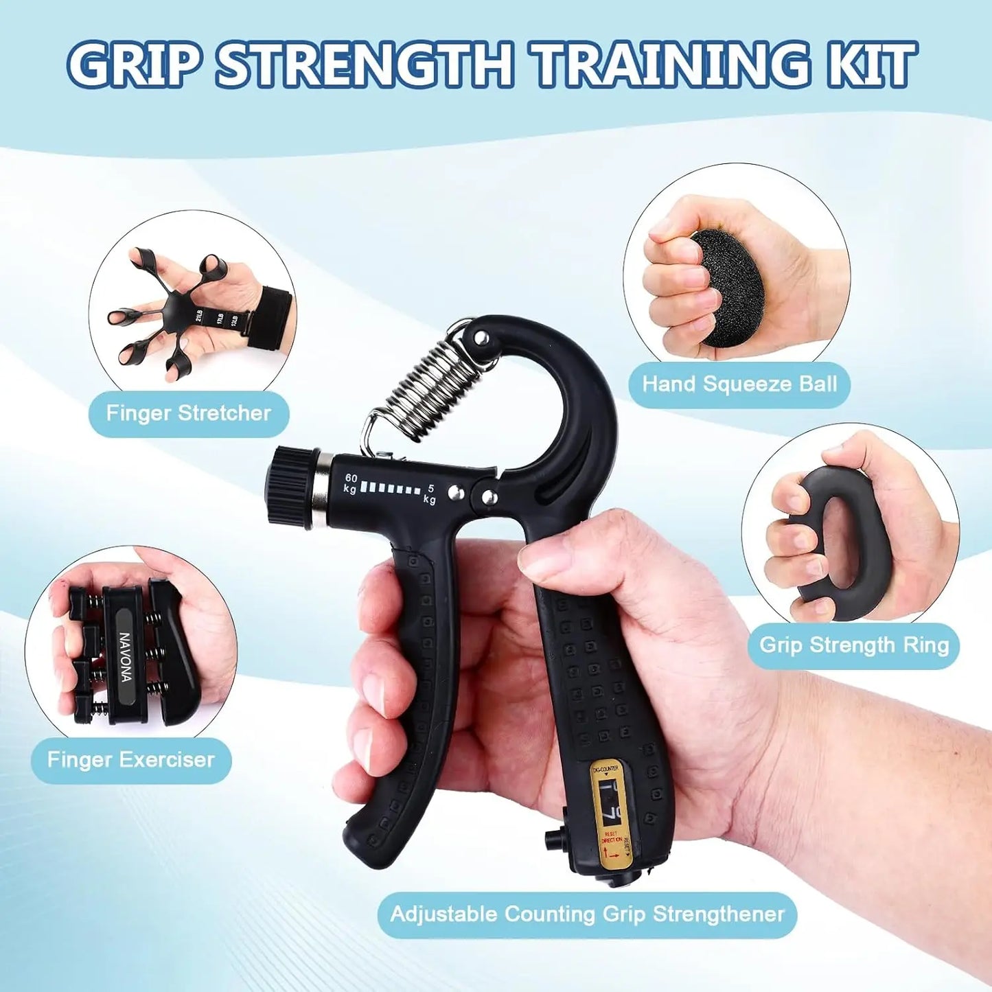 None Grip Trainer Kit Adjustable Hand Gripper Finger Stress Ball
