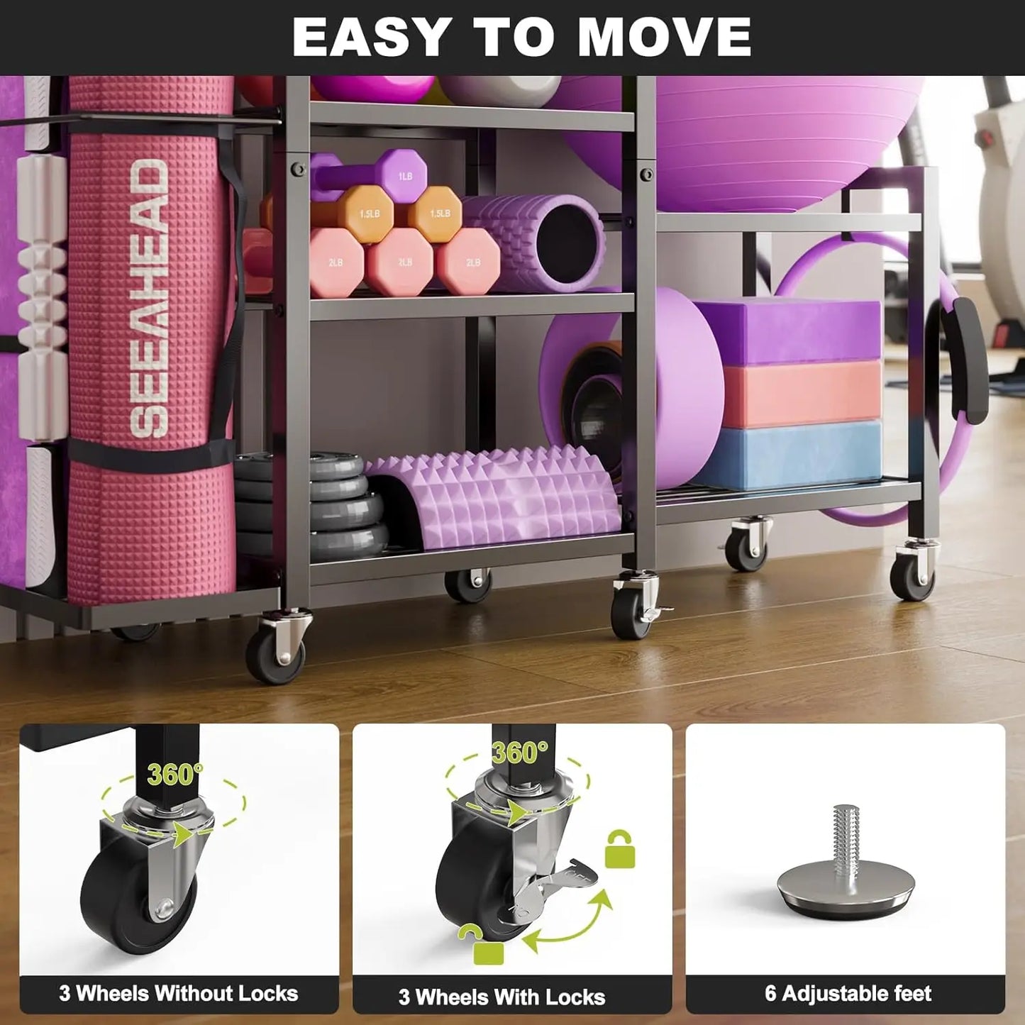 Six Tier Adjustable Gym Storage Rack With Locking Wheels