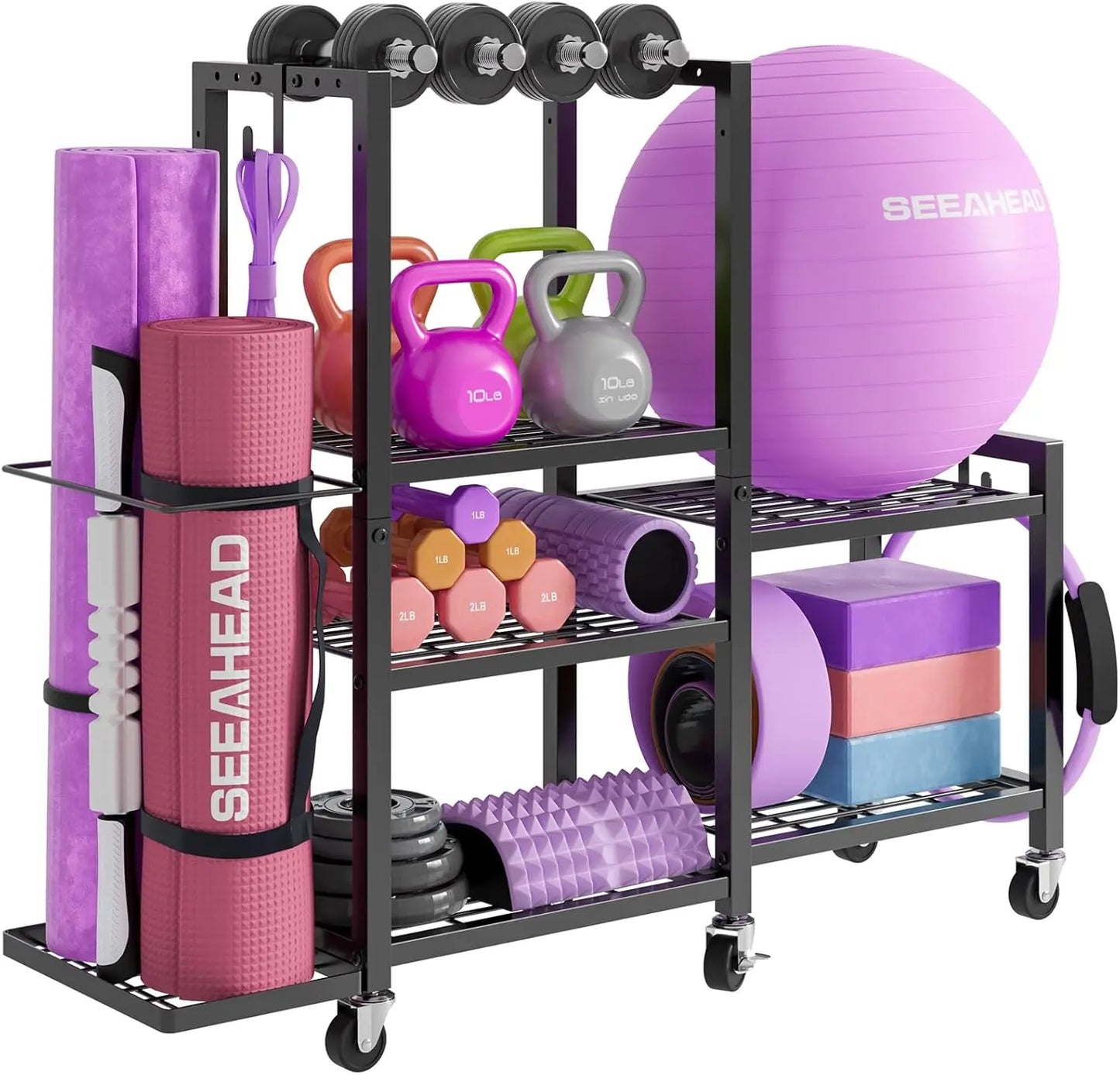 Six Tier Adjustable Gym Storage Rack With Locking Wheels