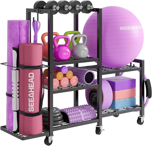 Six Tier Adjustable Gym Storage Rack With Locking Wheels