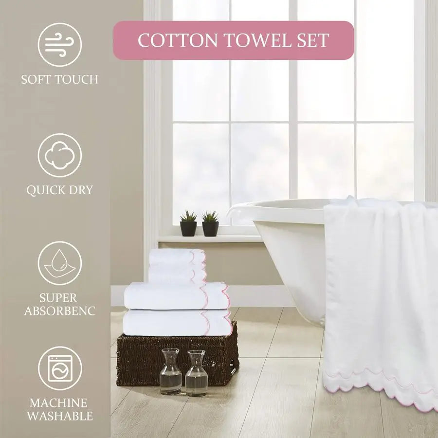 4 Piece Cotton Bath and Hand Towels Set With Embroidered Scalloped Edges