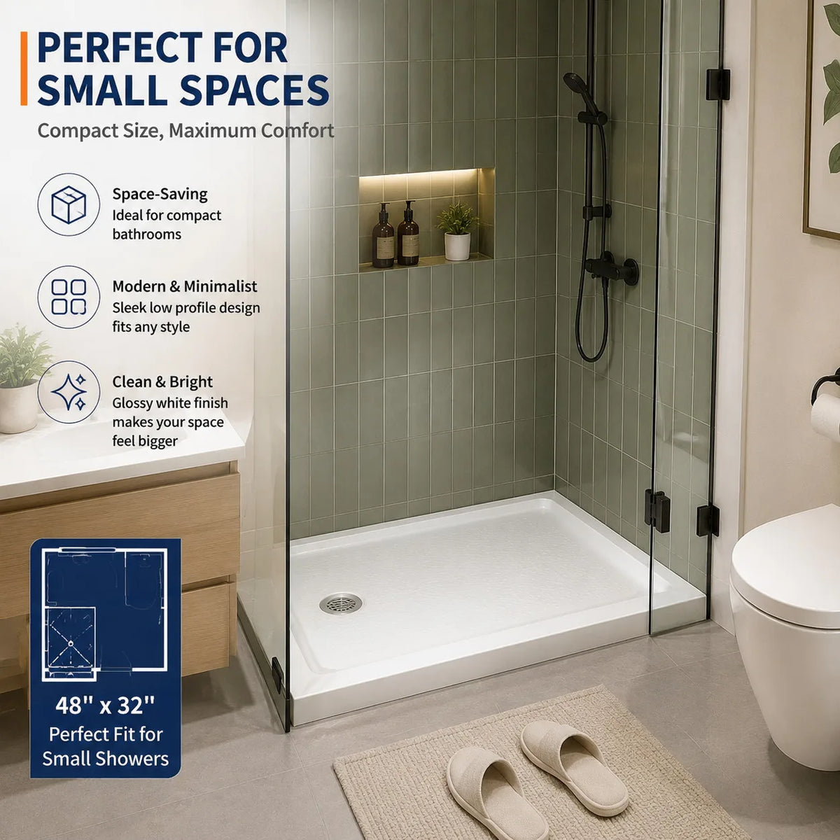 Premium Acrylic Shower Base Pan Low Profile Non Slip Design