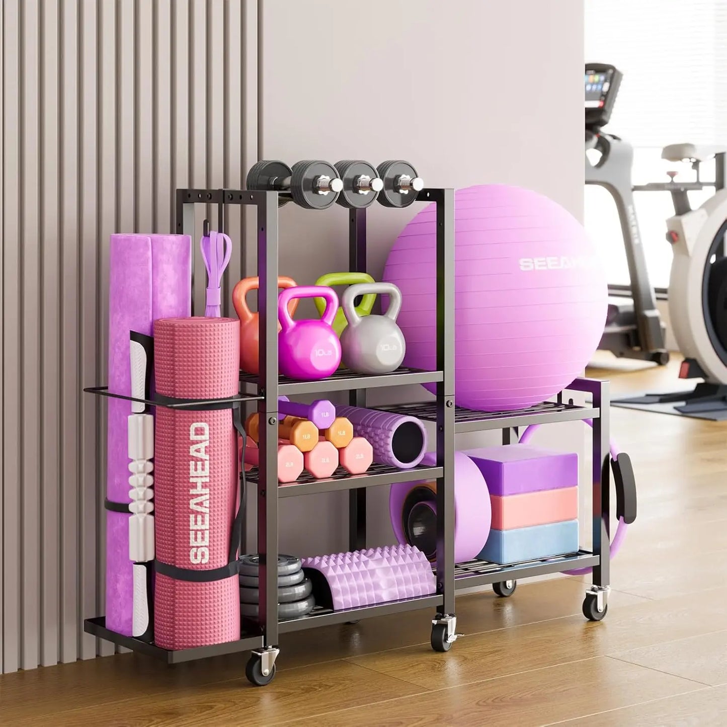 Six Tier Adjustable Gym Storage Rack With Locking Wheels