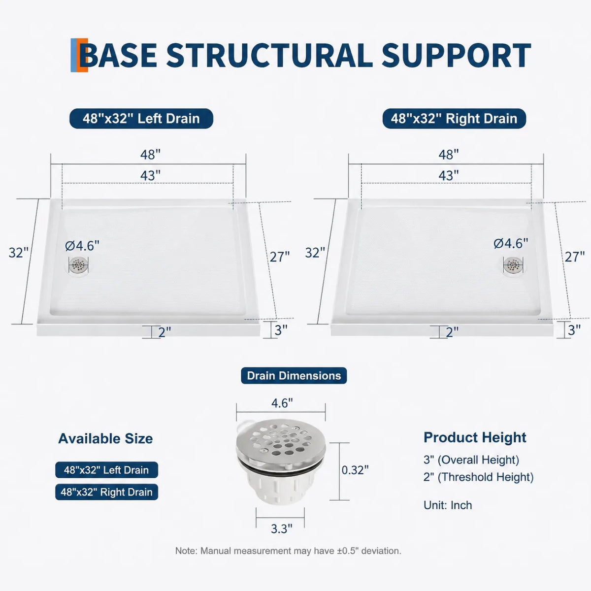Premium Acrylic Shower Base Pan Low Profile Non Slip Design