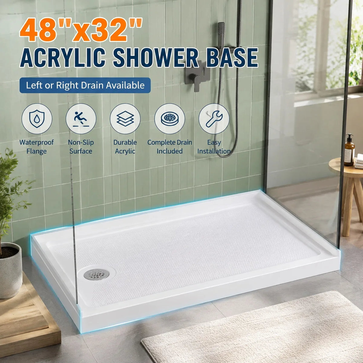 Premium Acrylic Shower Base Pan Low Profile Non Slip Design