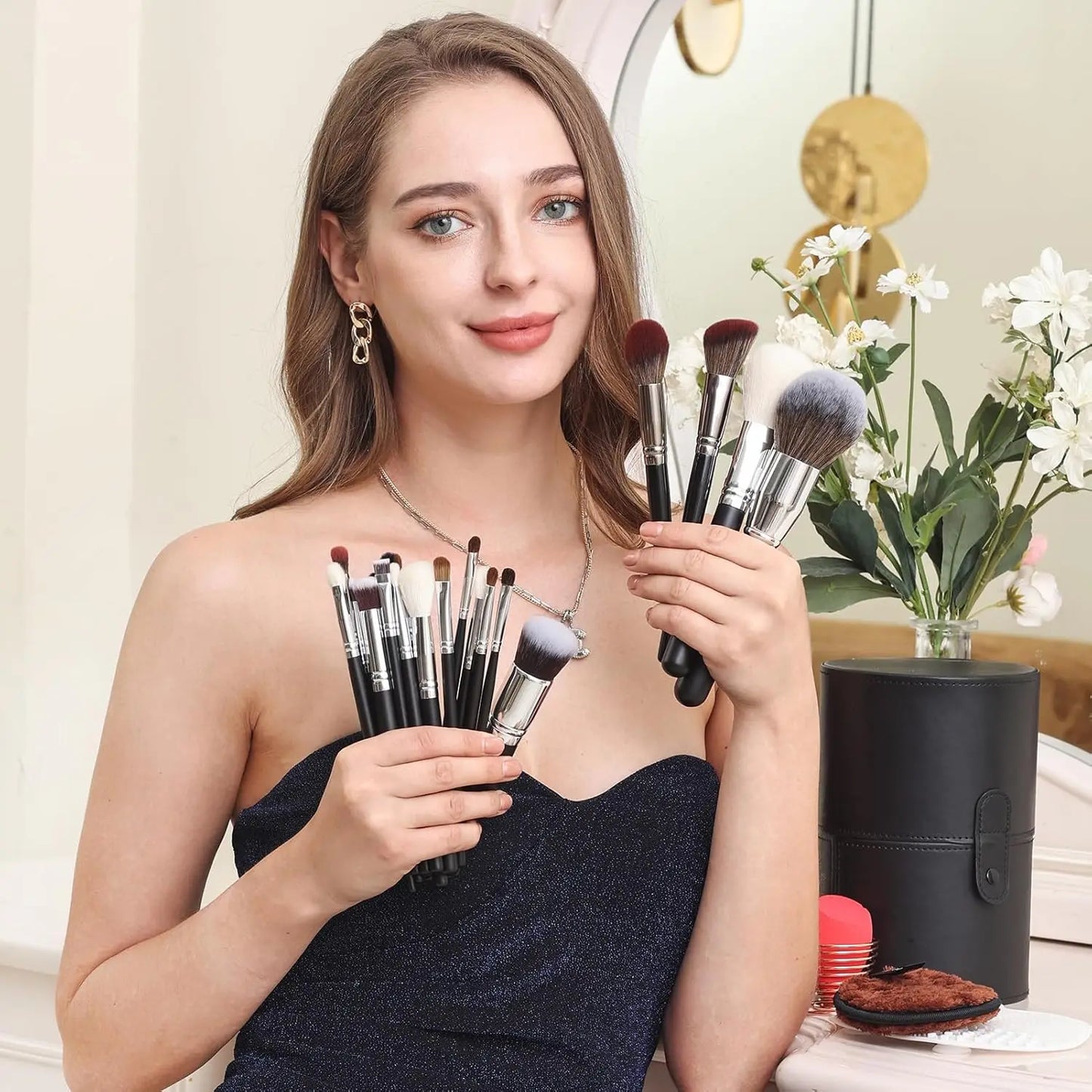 Deluxe Real Goat Hair Makeup Brushes Set With Holder