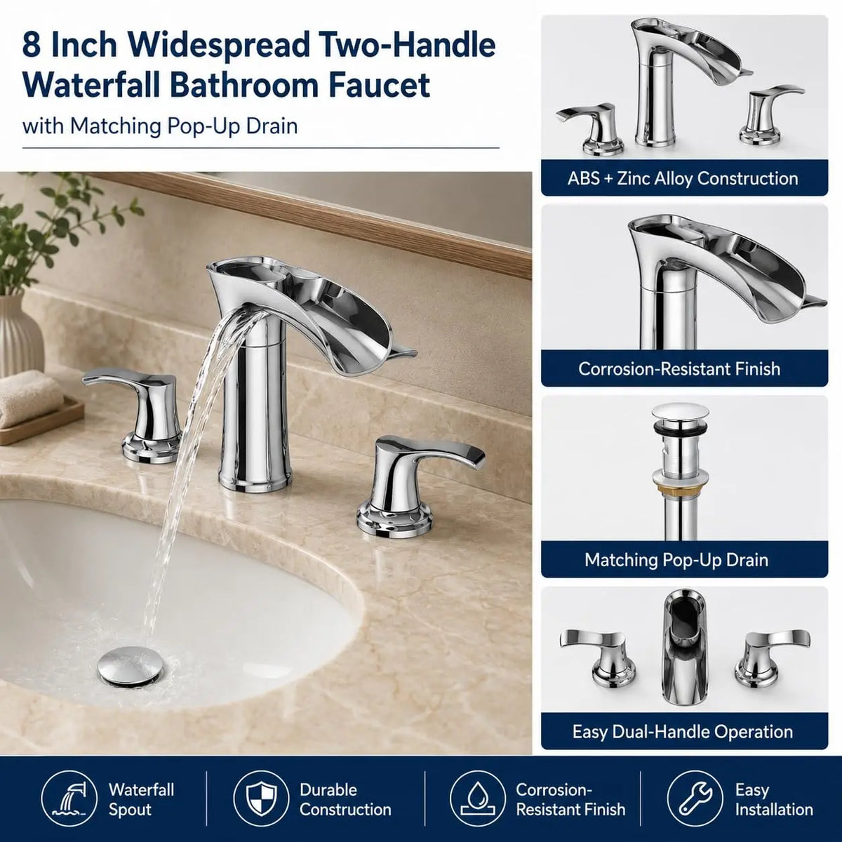 HiMISS Waterfall Bathroom Faucet Dual Handle Sink Tap