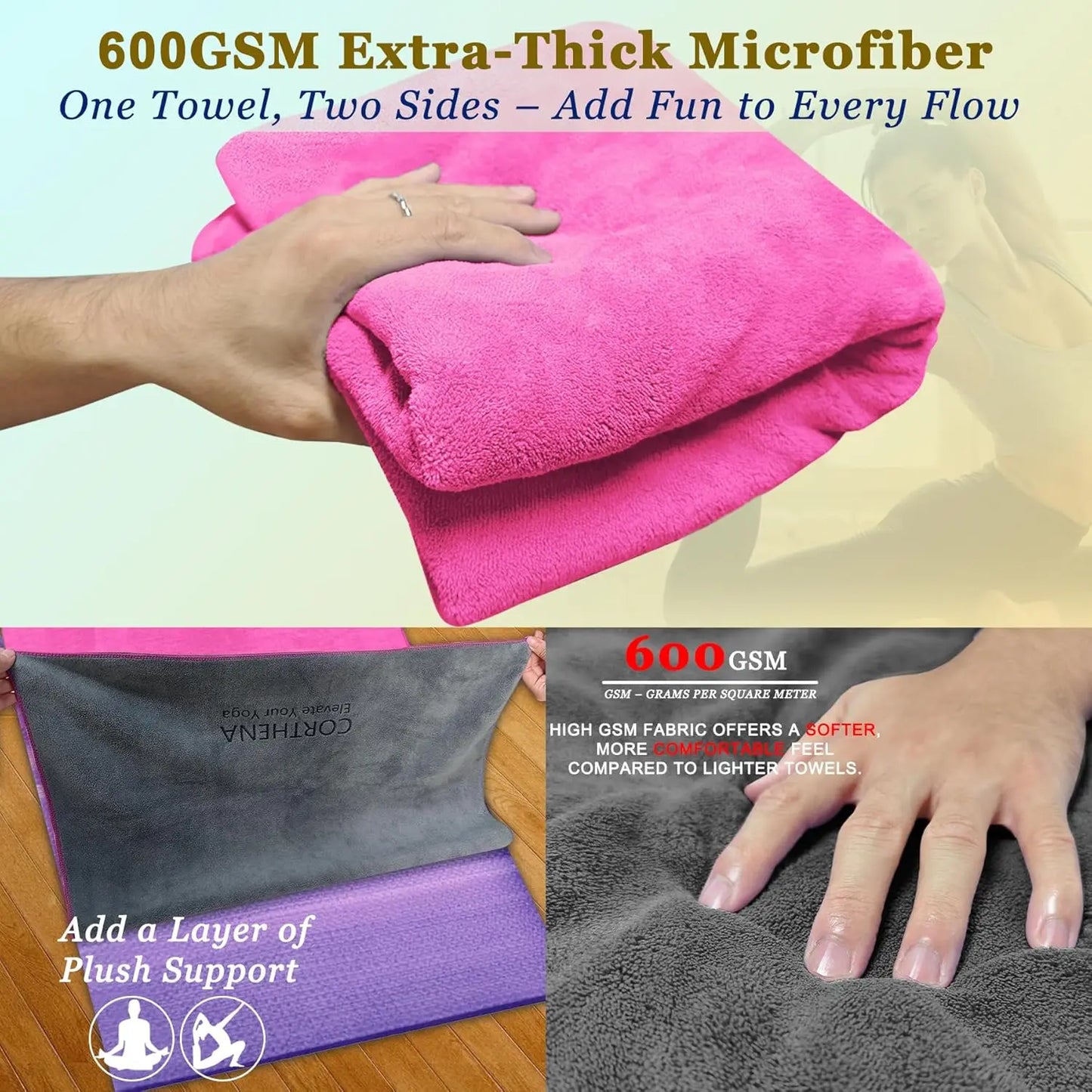 Extra Thick 600GSM Yoga Mat Towel Non Slip Sweat Absorbent