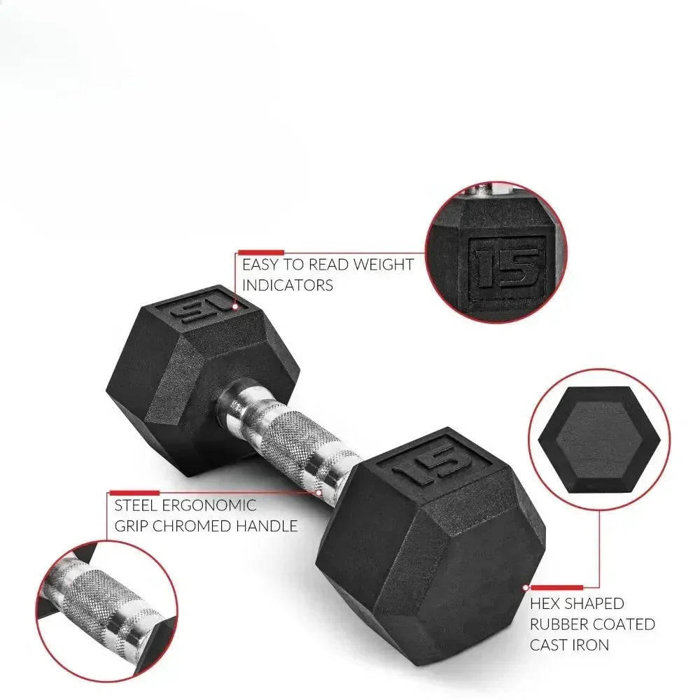 Rubber Hex Dumbbell Set With Anti-Roll Heads And Grip