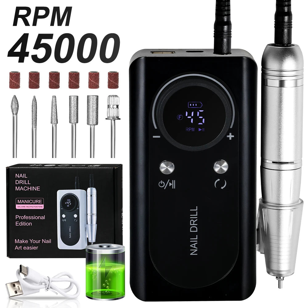 45000RPM Electric Nail Drill Rechargeable Manicure Polishing Tool