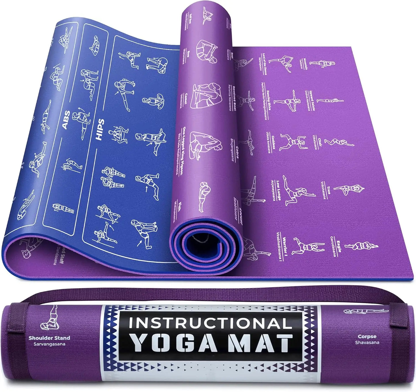 Instructional Yoga Mat With Carrying Strap and 75 Illustrated Poses