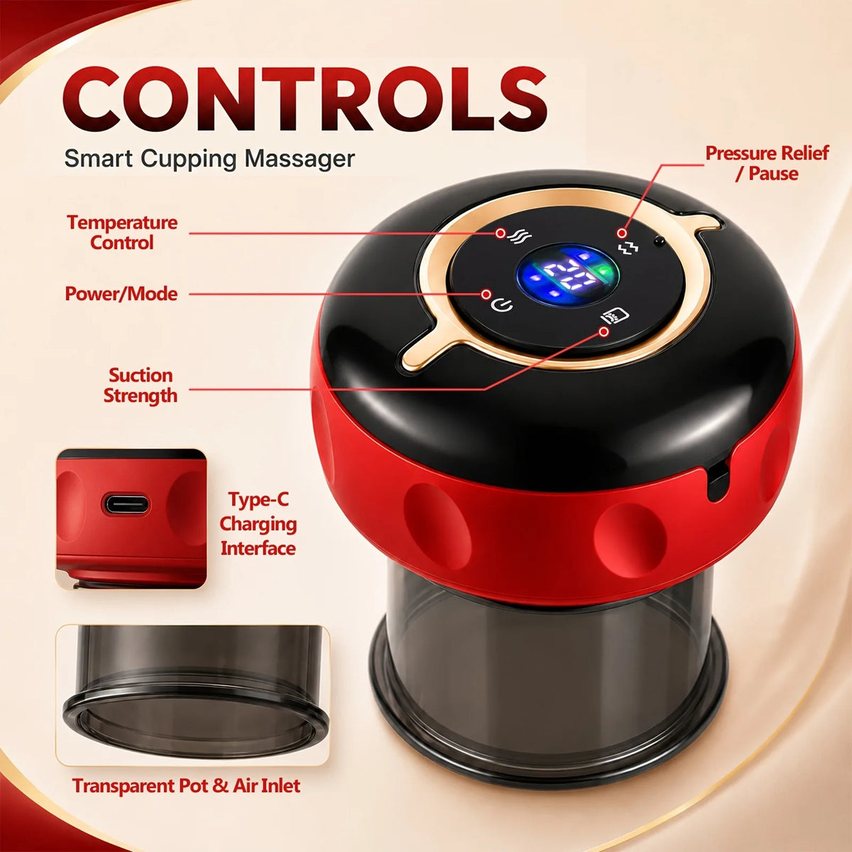 Jitesy Electric Cupping Massager Microcurrent Heat Smart Suction Pain Relief