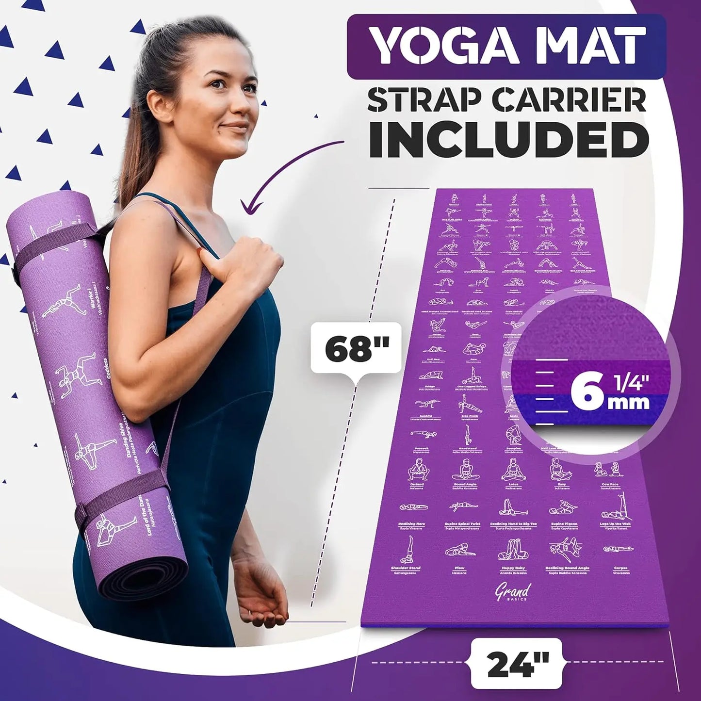 Instructional Yoga Mat With Carrying Strap and 75 Illustrated Poses