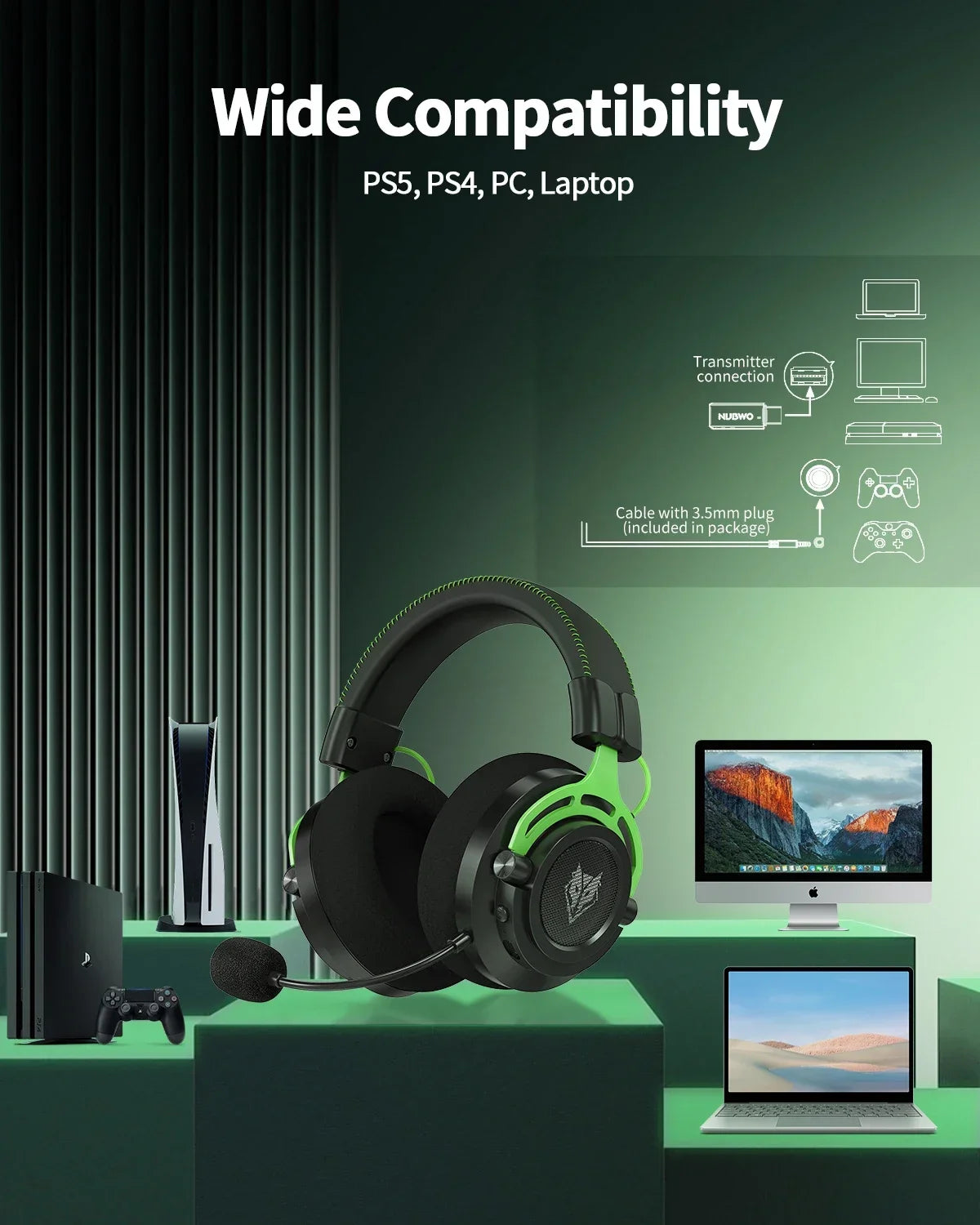 NUBWO G03 Wireless Gaming Headset 2.4GHz Bluetooth Noise Canceling Microphone