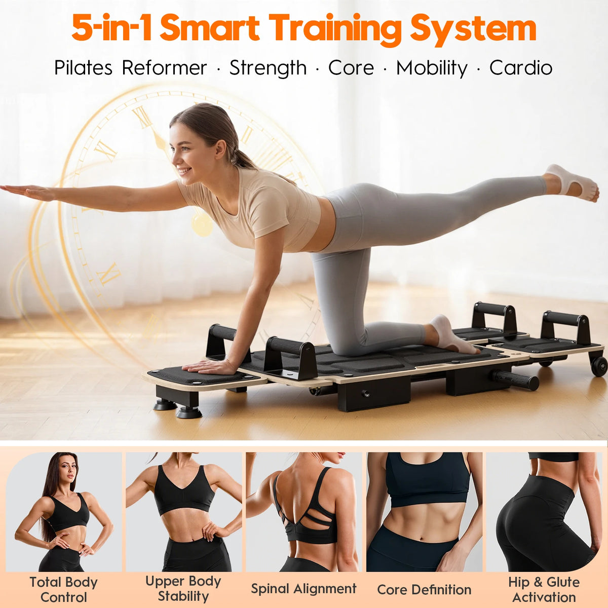 Foldable Five In One Pilates Reformer With Dual Foot Pads