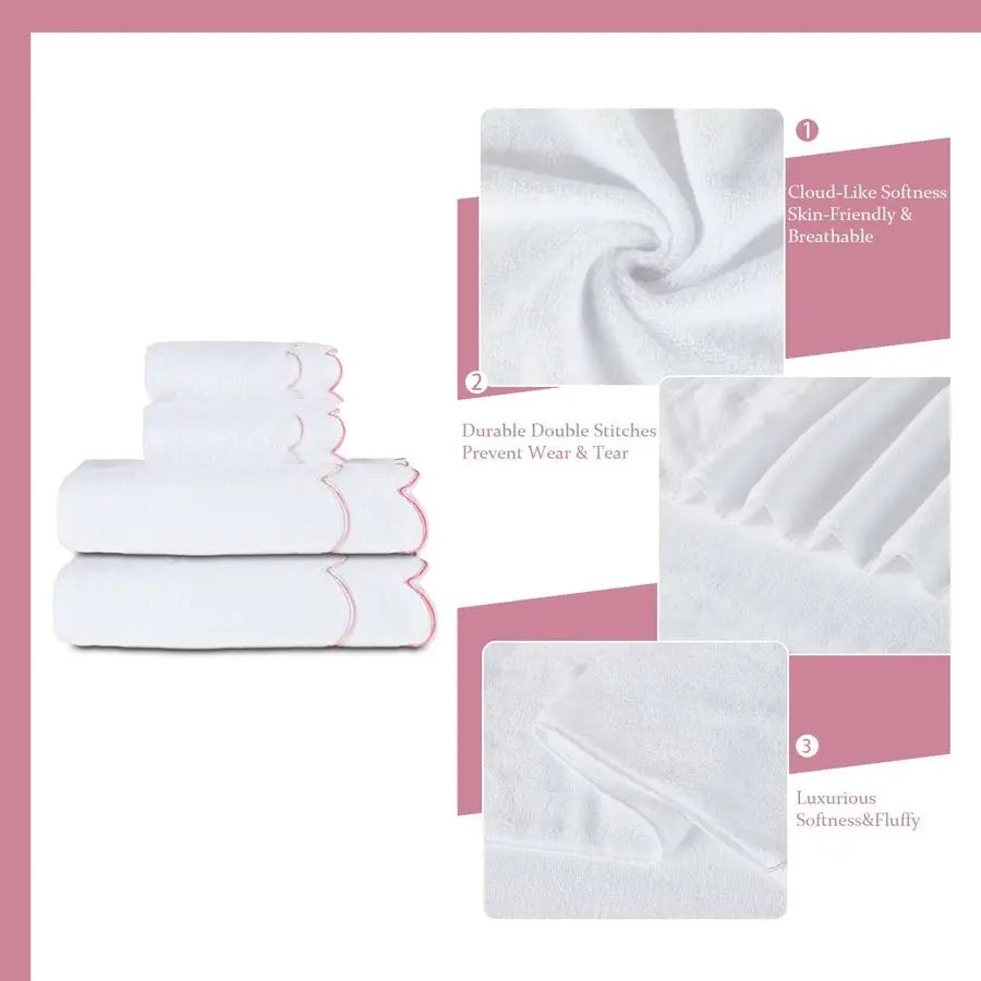 4 Piece Cotton Bath and Hand Towels Set With Embroidered Scalloped Edges