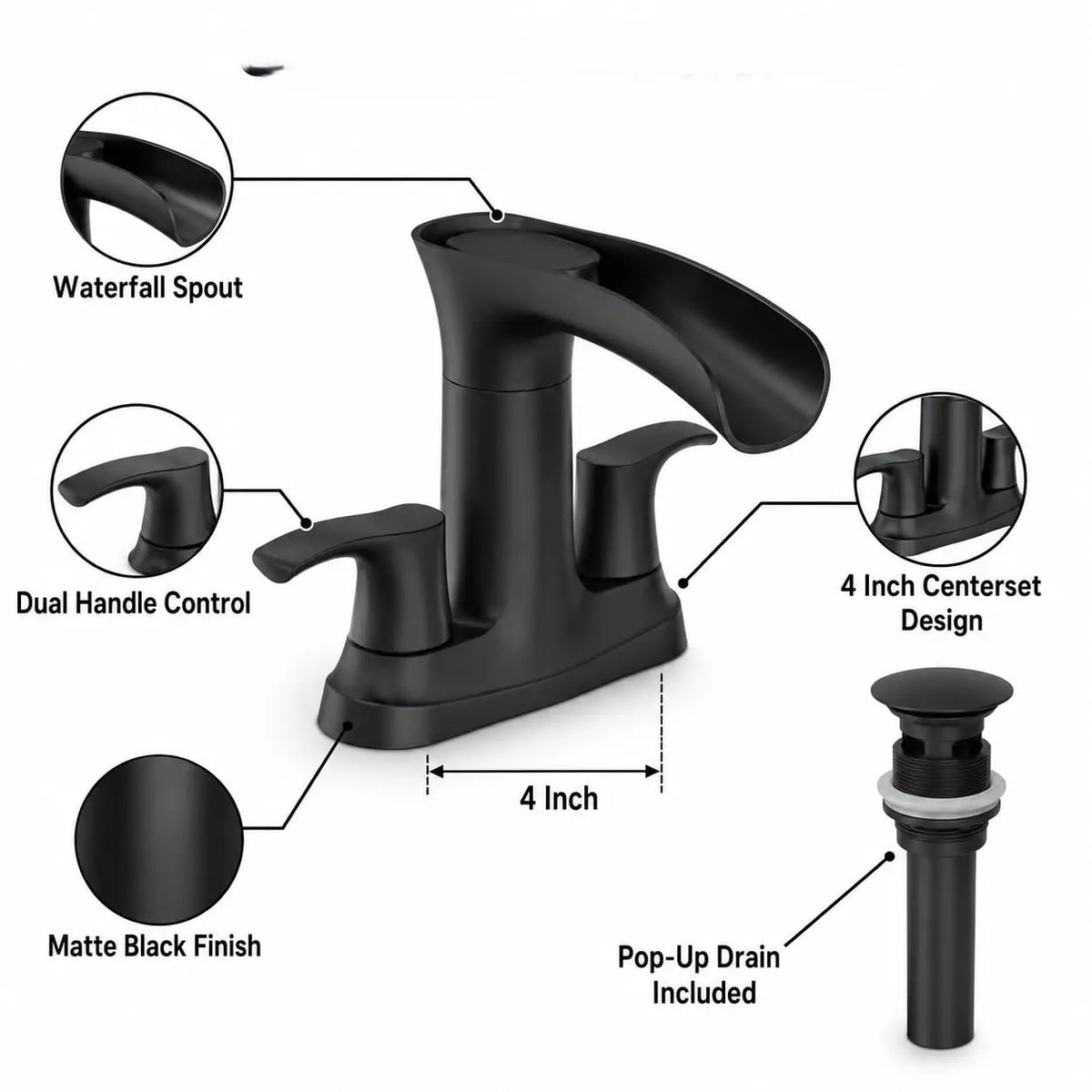 HiMISS Waterfall Bathroom Faucet Dual Handle Sink Tap