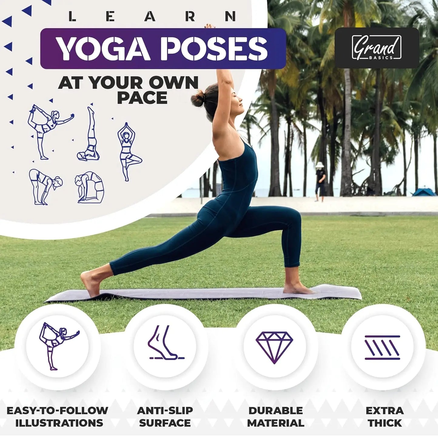Instructional Yoga Mat With Carrying Strap and 75 Illustrated Poses