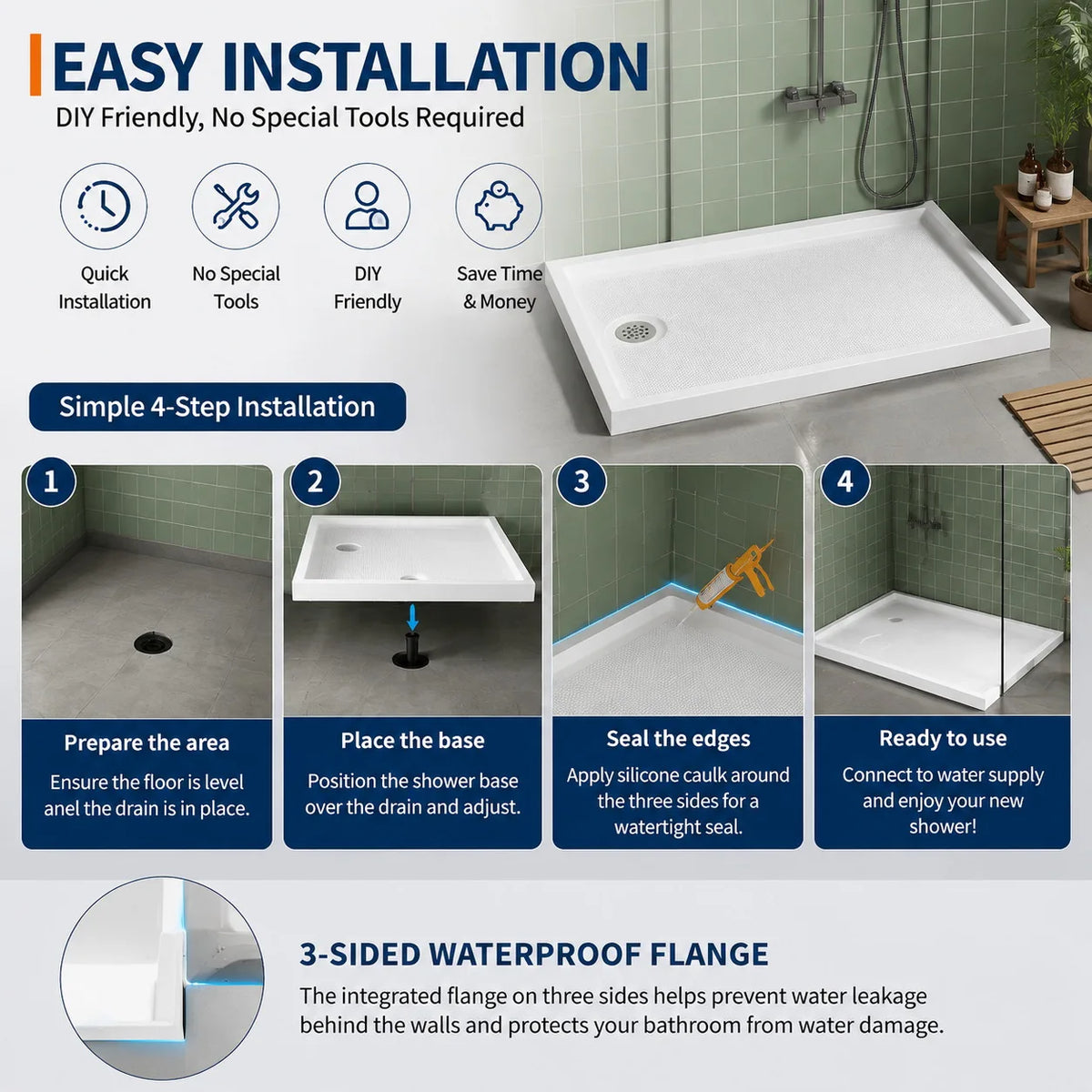 Premium Acrylic Shower Base Pan Low Profile Non Slip Design