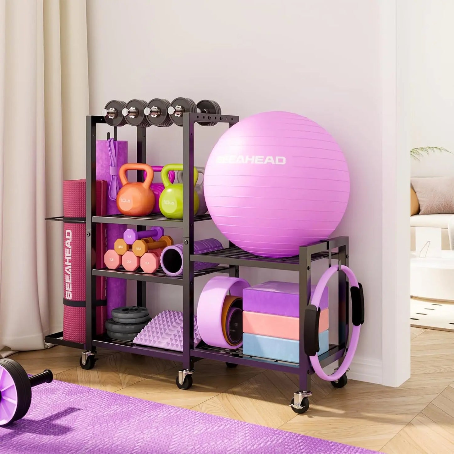 Six Tier Adjustable Gym Storage Rack With Locking Wheels
