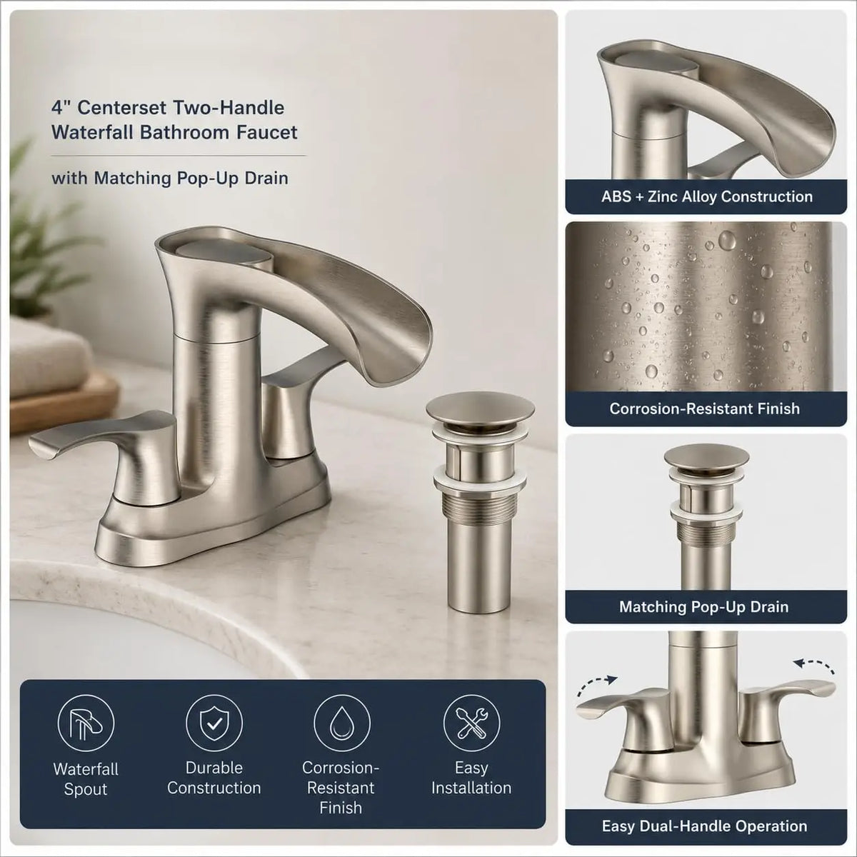 HiMISS Waterfall Bathroom Faucet Dual Handle Sink Tap